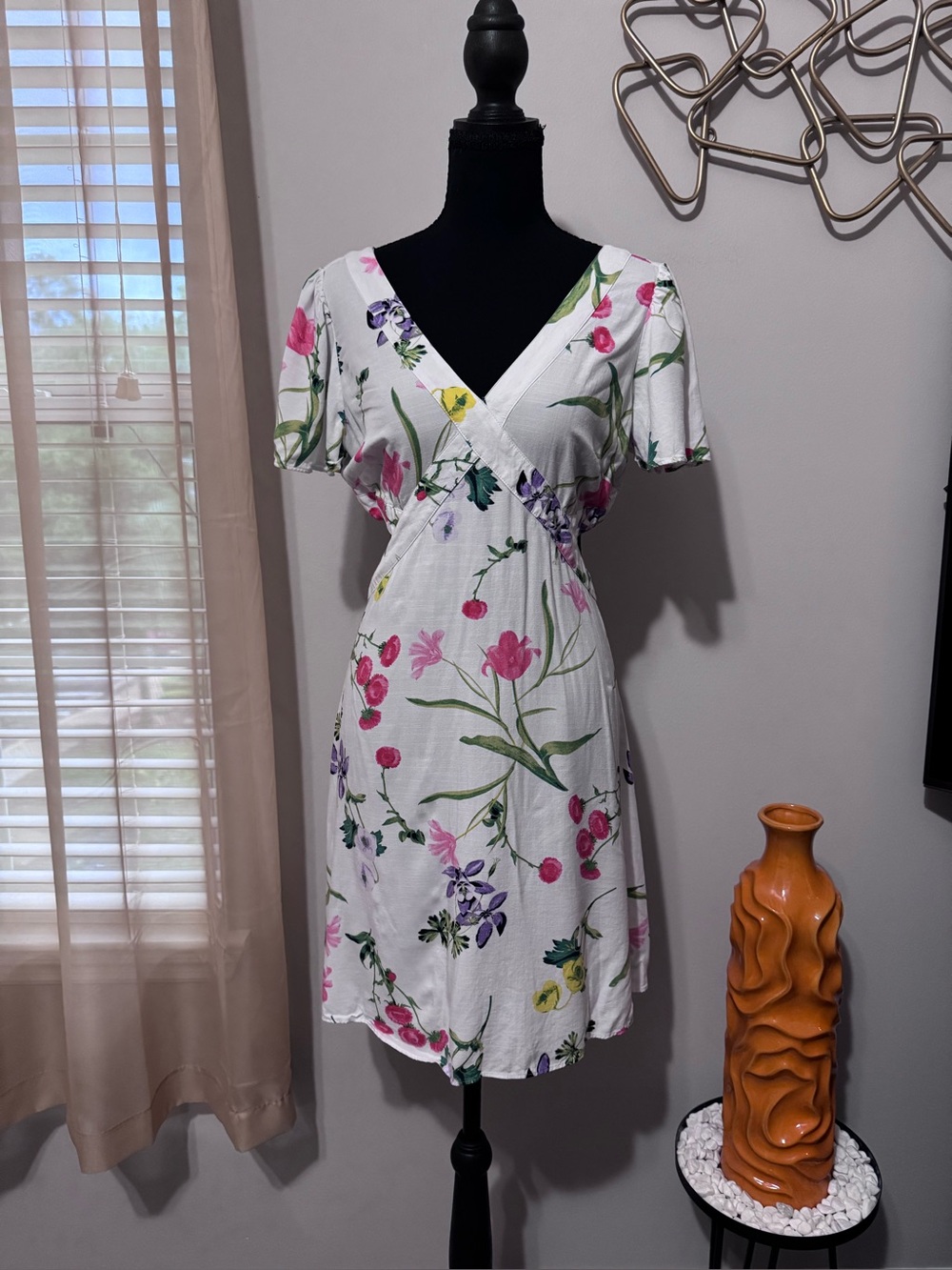 LOFT White Floral Wrap Dress with Pink, Green & Purple Blossoms